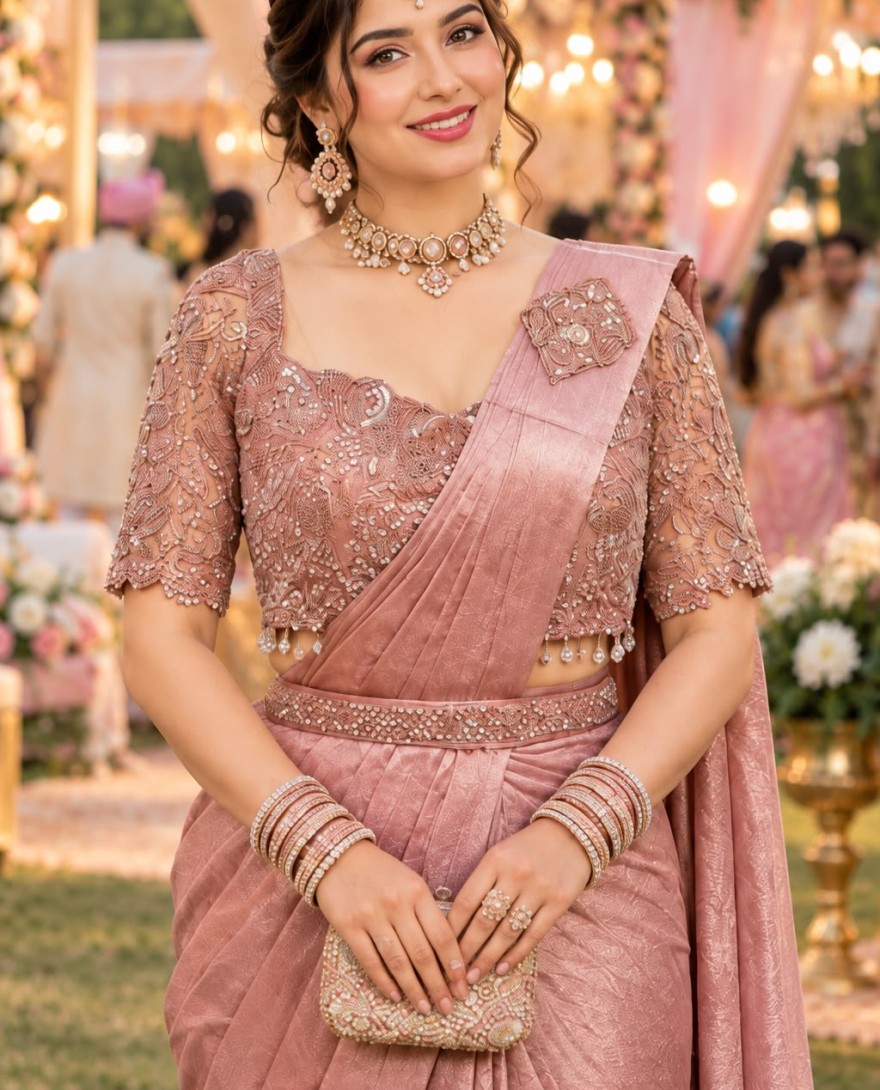 66822 - Pink Crush Embroidered Work Contemporary Saree for Ceremonial